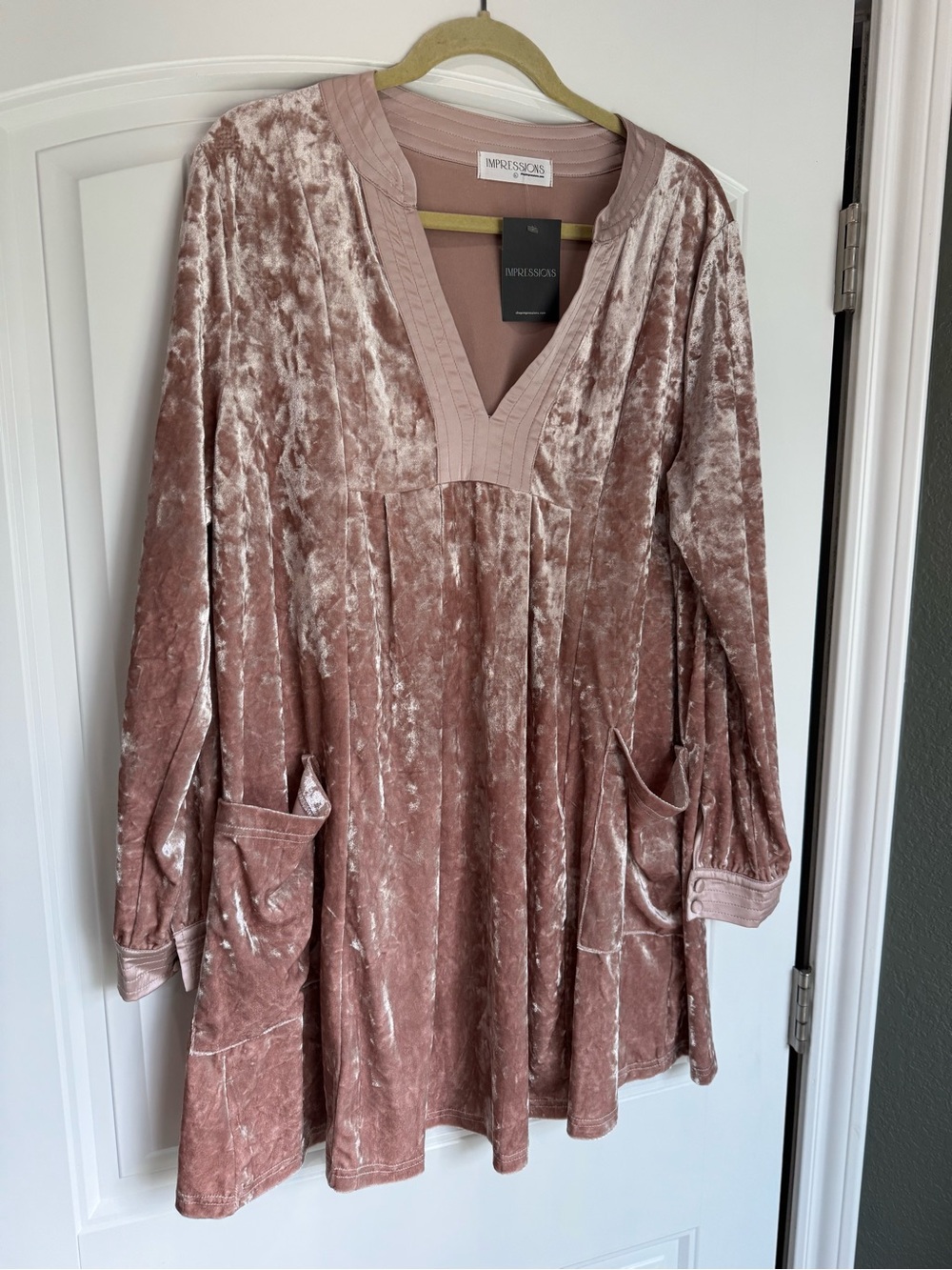 Impressions Crushed Velvet Babydoll Tunic Dress L Dusty Pink Boho NWT